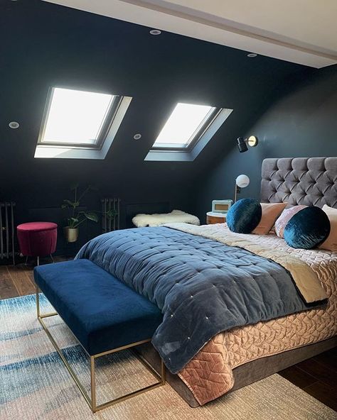 {SAVVY SHOPPING} MY BARGAIN HOUSE OF HACKNEY CUSHIONS — HOUSE LUST Blue Attic Bedroom, Loft Bedroom Decor, Small Loft Bedroom, Loft Conversion Bedroom, Attic Bedroom Designs, Blue Bedroom Decor, Dark Bedroom, Attic Bedrooms, Loft Room