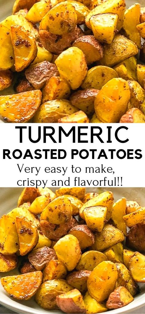 Turmeric Roasted Potatoes Recipe - very easy to make, crispy and flavorful. These potatoes are great for a side dish or an appetizer with your favorite dipping sauce. Crispy Oven Roasted Potatoes, Oven Roasted Potatoes, Turmeric Recipes, Potatoes Recipe, Potato Dishes, Veggie Dishes, Roasted Potatoes, Healthy Nutrition, Vegetable Dishes