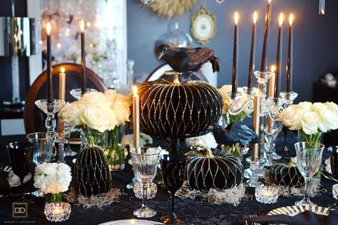 Glamorous Halloween, Tablescape Design, Sophisticated Party, Decoupage Pumpkins, Chic Halloween Decor, Gold Halloween, Sarah Grace, Landscape Nursery, Fall Mums