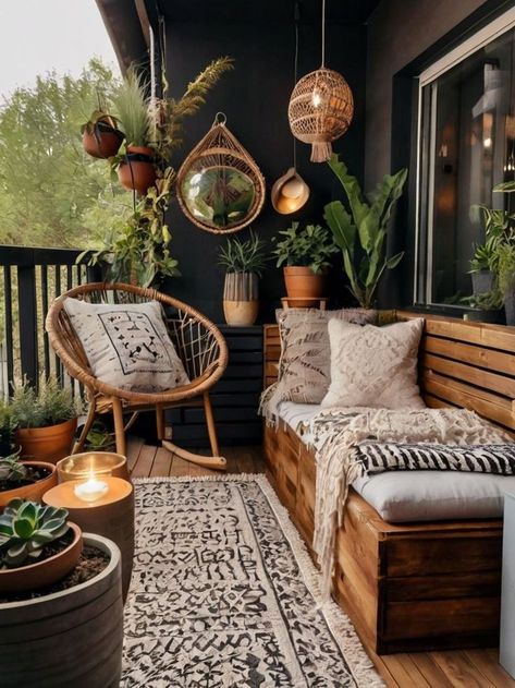 Cozy Boho Balcony Ideas, Cozy Outdoor Balcony, Boho Modern Patio, Moroccan Balcony Ideas, Small Balcony Aesthetic, Yoga Sunroom, Boho Balcony Small, Upstairs Balcony Ideas, Balcony Seating Ideas