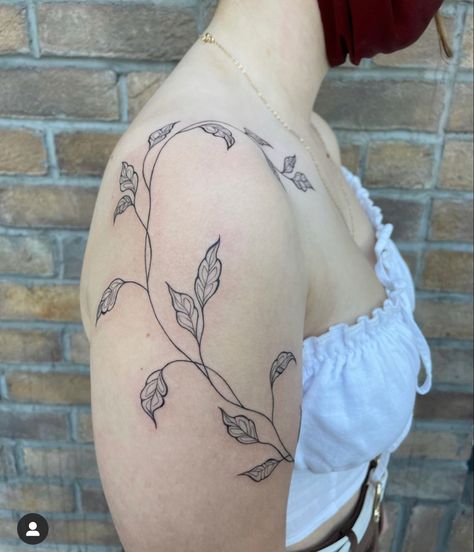 Vine Tattoo Linework, Collarbone Wrap Tattoo, Arm Tattoos Line Work, Line Work Shoulder Tattoo, Jazmine Tattoos, Ivy Shoulder Tattoo, Shoulder Wrap Tattoo Women, Botanical Sternum Tattoo, Shoulder Leaf Tattoo