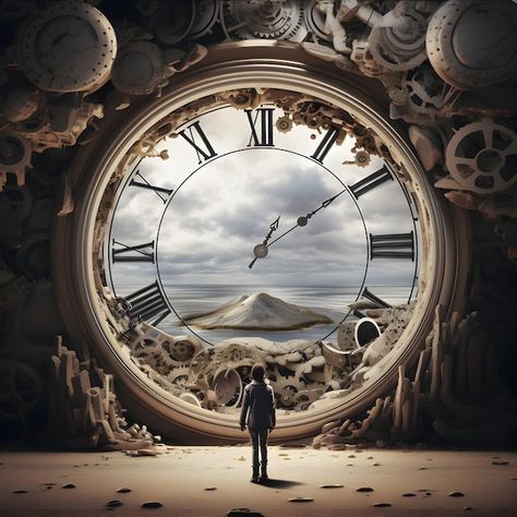 Premium AI Image | Photo Surreal view man standing front of time clock The importance of time concept creative ai Surreal Clock, Time Travel Pictures, Time Travel Art, Huge Clock, Time Portal, Time Concept, Poster Graphics, Time Passing, Time Clock