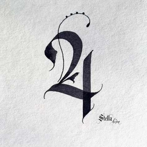 Gothic Font Tattoo Numbers, Number 4 Font Design, 4 Calligraphy Number, The Number 4 Tattoo, Creative Number Tattoo, 4 Tattoo Number Design, 4 Design Number, Number 4 Tattoo Ideas, Gothic Number Tattoo