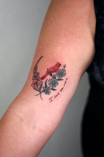 Delicate Cardinal Tattoo, Tattoos With Cardinals, Cardinal Tattoos Memorial, Cardinal And Sunflower Tattoo, Cardinal And Hummingbird Tattoo, Cardinal With Flowers Tattoo, Cardinal Flower Tattoo, Cardinal Memorial Tattoo, Two Cardinals Tattoo