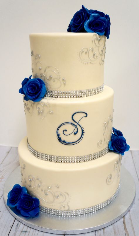 Wedding Cake Designs Blue, Ice Blue Weddings, Classy Wedding Cakes, White And Gold Wedding Cake, Monogram Wedding Cake, 25 Anniversary, Silver Wedding Cake, 3 Tier Wedding Cakes, Fondant Wedding Cakes