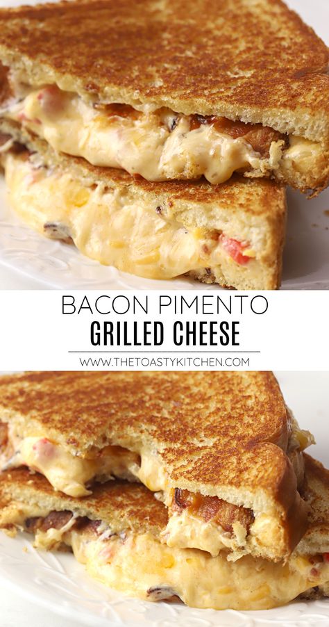 This bacon pimento grilled cheese is the ultimate comfort food sandwich. Homemade pimento cheese and bacon is stuffed between buttered bread slices and cooked until golden brown and melty. Pimento Cheese Panini, Bacon Wrapped Grilled Cheese, Grilled Pimento Cheese Sandwich Bacon, Pimento Cheese Grilled Cheese, Pimento Grilled Cheese Sandwich, Taco Grilled Cheese Sandwich, 3 Cheese Grilled Cheese, Hand Sandwiches, Grilled Pimento Cheese Sandwich