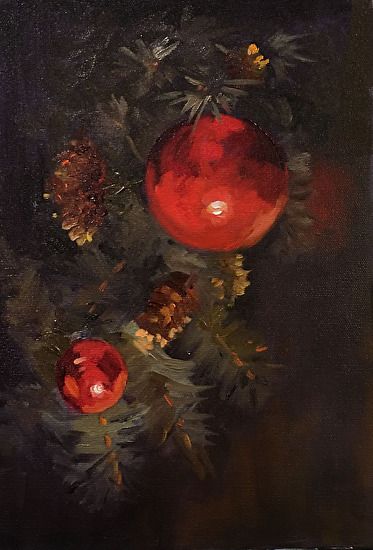 Penny French-Deal - The Red Ornament- Oil - Painting entry - December 2017 | BoldBrush Painting Competition Moody Painting, Painting Competition, Oil Pastel Paintings, Christmas Tree Painting, Red Ornaments, Holiday Wallpaper, Artwork Images, Christmas Drawing, Art Instructions