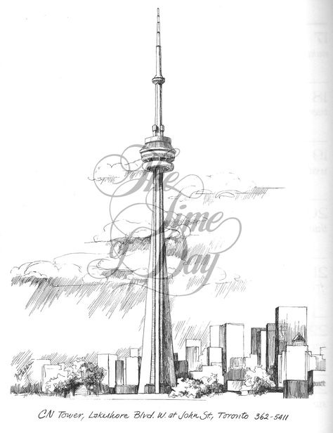 Cn Tower Sketch, Cn Tower Painting, Cn Tower Drawing, Cn Tower Tattoo, Landmark Drawings, Toronto Drawing, Toronto Images, Autumn Tattoo, Whimsical Art Paintings