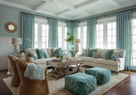 Alexandra Rae Design | House of Turquoise | Bloglovin’ Living Room Turquoise, Styl Hampton, Coastal Decorating Living Room, Living Room Color Schemes, Coastal Living Rooms, Room Color Schemes, Coastal Living Room, Blue Living Room, Room Decorating