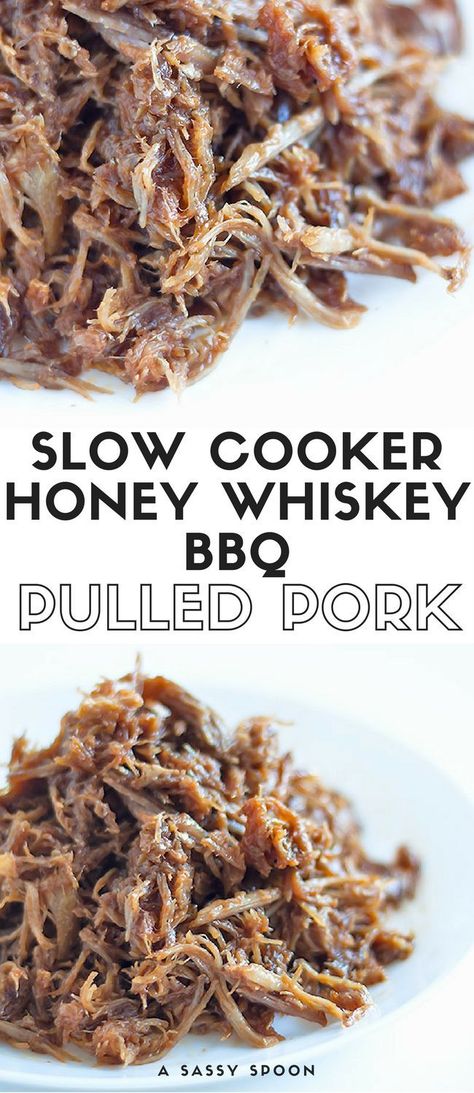 Sweet, boozy, easy-to-make homemade honey whiskey barbecue sauce on top of smokey, slow cooked shredded pulled pork! via /asassyspoon/ Bourbon Pulled Pork Slow Cooker, Jack Daniels Bbq Pulled Pork, Whiskey Pulled Pork Slow Cooker, Recipes With Whiskey Food, Boozy Food Ideas, Honey Bbq Pulled Pork, Recipes Using Whiskey, Food With Whiskey, Whiskey Dinner Recipes