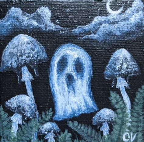 Acrylic Mini Canvas Painting by IdyllicallyCalm Acrylic Mini Canvas, Easy Spooky Paintings, Spooky Paintings, Ghost Painting, Art Account, Spooky Ghost, Easy Drawing, Mini Canvas, Mini Paintings