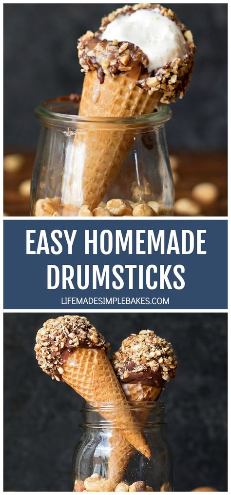 These easy homemade drumsticks can be customized with your favorite ice cream flavors and toppings! They're a fun and delicious summer treat. #easyhomemadedrumsticks #icecreamdrumsticks #icecream #homemadedrumsticks Homemade Drumsticks, Drumstick Ice Cream, Homemade Fruit Popsicles, Healthy Frozen Yogurt, Life Made Simple, Pistachio Ice Cream, Homemade Ice Cream Recipes, Fudge Sauce, Ice Cream Treats