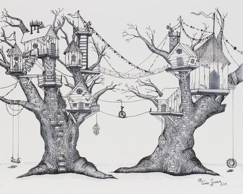 Fairy Tree Houses Drawing, Tree House Sketch, Treehouse Drawing, Tree House Drawing, House Drawing, Fantasy Art Landscapes, Environment Concept Art, A Drawing, Art Drawings Sketches