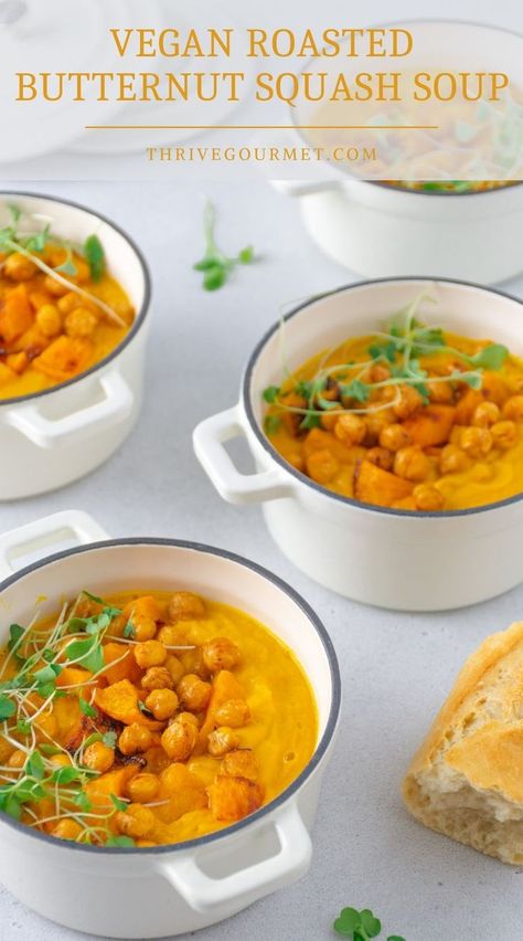 vegan roasted butternut squash soup in mini dutch ovens with a side of bread Creamy Butternut Soup, Vegan Roasted Butternut Squash, Butternut Squash Sweet, Butternut Soup, Chickpea Soup, Roasted Butternut Squash Soup, Vegan Roast, Cold Autumn, Crispy Chickpeas