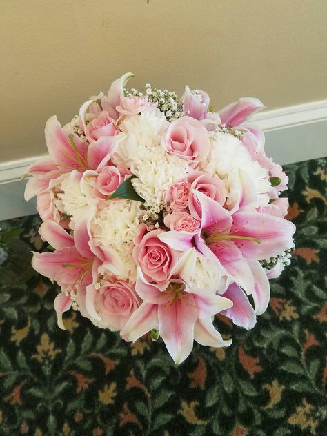 Pink Hibiscus Bouquet, Carnations And Lilies Bouquet, Bridal Bouquet Lilies And Roses, Pink Lily Wedding Flowers, Pink Roses And Lilies Bouquet, Lily And Rose Centerpiece Wedding, Pink Lily Of The Valley Bouquet, Lillie Wedding Bouquets, Pink Roses And White Lilies Bouquet