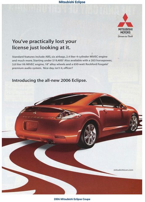 2006 Mitsubishi Eclipse 2006 Mitsubishi Eclipse, 2000s Cars, Vintage Car Ads, Automobile Advertising, Mitsubishi Cars, Japanese Domestic Market, Car Brochure, Vintage Poster Design, Racing Posters