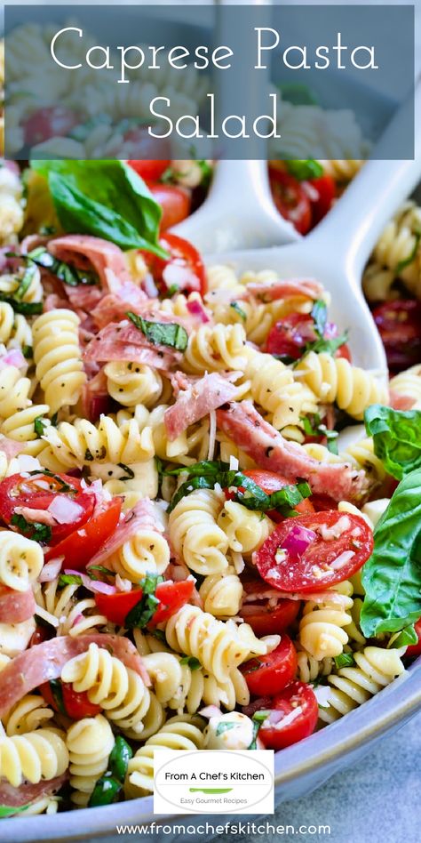 This recipe for Caprese Pasta Salad is a delightful twist on the classic Caprese salad and is full of fresh, summery flavor! Cherry tomatoes, mozzarella, and sweet basil are added to tender pasta and salami before everything gets tossed in a delicious tangy Italian dressing. This pasta salad is perfect for picnics or summer get-togethers and is sure to be a crowd-pleaser! Tomato Basil Mozzarella Salad, Caprese Salad Pasta, Italian Pasta Salad Recipes, Salami Pasta, Tomato Basil Recipes, Picnic Pasta Salad, Italian Dressing Pasta Salad, Caprese Pasta Salad Recipes, Caprese Pizza