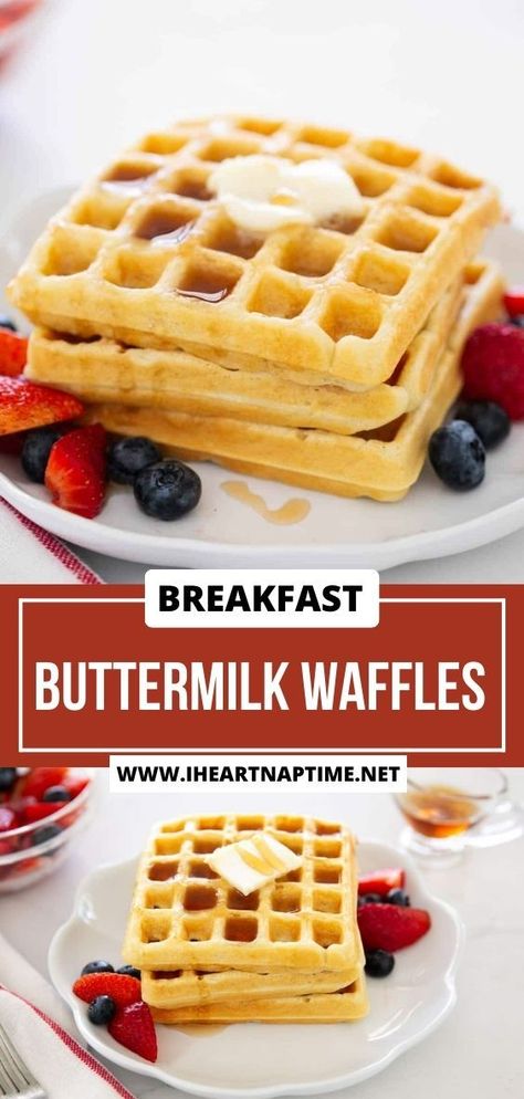 These buttermilk waffles are fluffy with the crisp edges! This classic breakfast recipe makes mornings extra special when topped with fresh berries and maple syrup. Buttermilk Waffle Recipe, Waffle Recipe Easy, Buttermilk Breakfast, Buttermilk Waffles Recipe, Easy Lunch Box Recipes, Cinnamon Roll Monkey Bread, Buttermilk Waffles, Crispy Waffle, Homemade Waffles