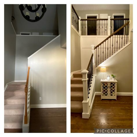 Open Half Wall Stairs, Half Wall Vs Railing, Staircase With Half Wall, Half Wall To Banister, Open Staircase Makeover, Stairwell Halfwall, Open Up Staircase Wall Before And After, Townhome Stairs, Pony Wall Staircase