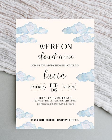 We're On Cloud Nine! Planning a cloud theme baby shower? This neutral cream colored invitation with fluffy blue water-colored clouds is a beautiful option to inspire your cloud theme. It can be used for a gender neutral theme, or simply if you desire a neutral tone for your baby shower. This DIY cloud nine invite is the perfect way to celebrate your little one on the way. Having a baby on the way can have you feeling on cloud nine!  This includes a Cloud Nine 5x7 in invitation template. Personal Cloud Themed Birthday Party, In The Clouds Baby Shower Theme, Cloud Themed Baby Shower Ideas, On Cloud Nine Baby Shower Theme, Dreamy Baby Shower Theme, Cloud Nine Baby Shower Theme, On Cloud 9 Baby Shower Theme, Cloud 9 Baby Shower Theme, Cloud Baby Shower Theme