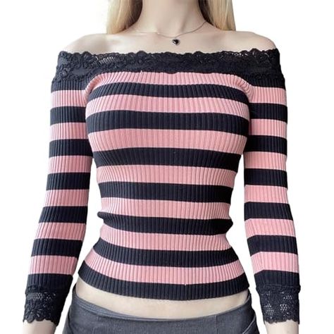 Striped Off Shoulder Top, Off Shoulder T Shirt, Full Sleeve Tshirt, Aesthetic Streetwear, Looks Party, Stripe Outfits, Streetwear Aesthetic, Lace Sweater, Knitwear Fashion