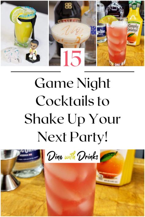 Collage of 4 game night cocktails. Poker Night Cocktails, Game Night Drink Ideas, Game Night Cocktails Drinks, Game Night Drinks Alcohol, Video Game Cocktails, Game Night Cocktails, Game Night Drinks, Game Night Food Ideas For Adults, Adult Game Night Party