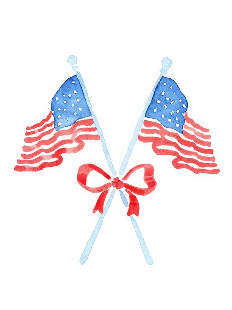 "Beautifully illustrated painting of American Flags joined by a pretty red bow.  Perfect for that touch of Americana in your home.  ~Please note that colors in the print you receive may vary slightly from images on your monitor. ~Ready to Frame (Frame not included) ~PRINT SIZES: 5\" x 7\", 8\" x 10\", 11\" x 14\". ~SHIPPING: Print is packaged in a clear plastic sleeve with backing board and mailed in a rigid mailer to avoid bending." 4th Of July Wallpaper, Flag Wall Decor, American Illustration, American Flags, Flag Wall, Cute Canvas, Illustration Watercolor, Preppy Wallpaper, Us Flag