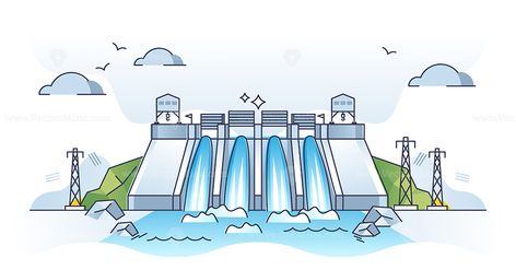 Water Dam Drawing, Hydro Electric Power Plant, Hydro Electricity, Energy Illustration, Water Commercial, Hydroelectric Energy, Hydro Plant, Green Electricity, Hydro Energy