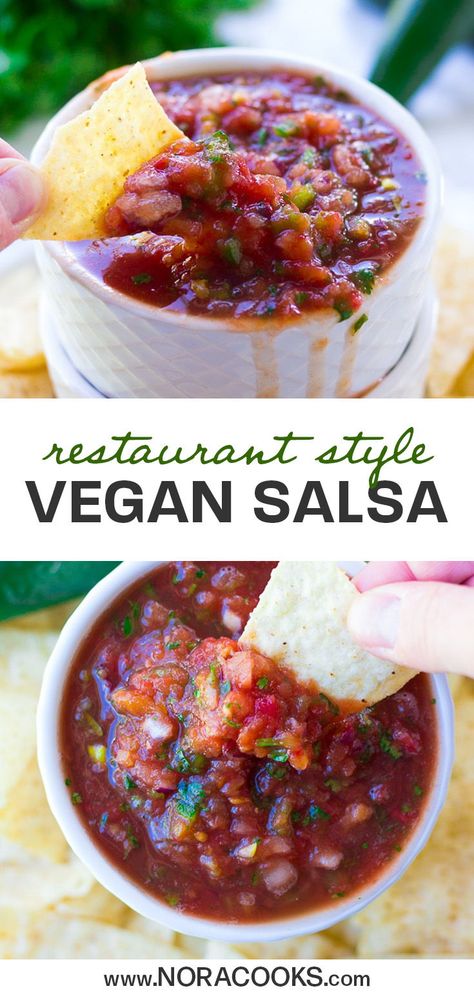 Learn how to make restaurant style salsa in just 5 minutes! A ridiculously easy blender recipe with incredible flavor. This may just become your “go-to” salsa recipe and you’ll surely impress anyone you make it for! Perfect for tortilla chips, Mexican bowls, burritos, or even served on baked potatoes. #appetizers #salsa #vegan #plantbased #mexicanrecipes Vegan Salsa Recipe, Mexican Bowls, Vegan Salsa, Restaurant Style Salsa Recipe, Blender Recipe, Easy Salsa Recipe, Restaurant Style Salsa, Vegan Mexican Recipes, Blender Recipes