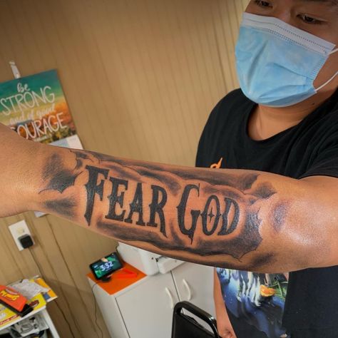 Blessed Arm Tattoo, Fear God Tattoo Men, Side Forearm Tattoo Men Ideas, Fear God Tattoo, Forearm Name Tattoos, Inside Bicep Tattoo, Hop Tattoo, Arm Tattoos Black, Tricep Tattoos