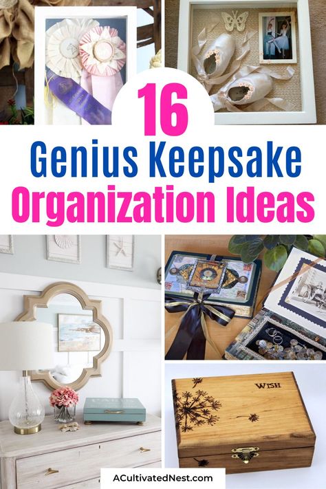 16 Genius Keepsake Organization Ideas- Transform clutter into cherished memories with these genius keepsake organization ideas! Whether it's shoes or pressed flowers, these clever solutions will help you preserve and display your mementos beautifully. Say goodbye to clutter and hello to organized nostalgia! | #OrganizationTips #Memorabilia #DIYProjects #keepsakes #ACultivatedNest Display Memorabilia Ideas, Keepsake Organization, Memorabilia Display, Shadow Box Display Case, Mommy Things, Country Chic Cottage, Heirloom Gifts, Family Keepsakes, Organization Kids