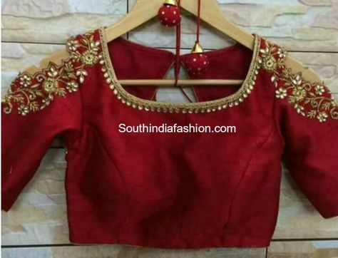 Embroidered Cold Shoulder Blouse Cold Shoulder Saree Blouse, Cold Shoulder Blouse Designs, Casual Blouse Designs, Tattoo Sunflower, 50 Blouse Designs, Tattoo Neck, Super Tattoo, Maggam Work Blouse, Best Blouse Designs