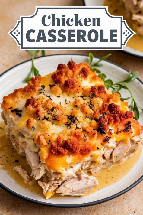 Chicken casserole with crispy topping on a plate, garnished with herbs. Large Group Chicken Recipes, Campbells Chicken Casserole, Chicken Leftover Recipes, Leftover Chicken Recipes Easy, Chicken Leftovers, Easy Chicken Casserole, Baked Chicken Casserole, Chicken Casserole Recipes Healthy, Easy Chicken Casserole Recipes