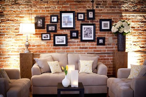 industrial wedding inspiration, south carolina wedding inspiration, lounge wedding inspiration, yellow wedding flowers Brick Wall Ideas, Brick Wall Living Room, Brick Living Room, Brick Interior, Trendy Apartment, Living Room Red, Apartment Layout, Exposed Brick Walls, Apartment Style