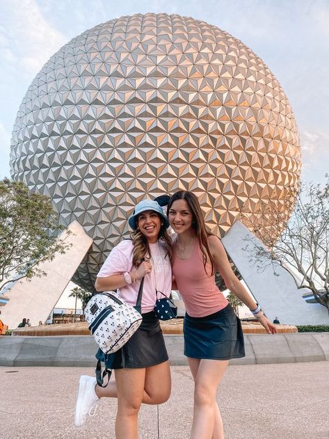 Two girls wearing tennis skirts and pink shirts in front of Spaceship Earth (the Epcot Ball) at Epcot in Disney World. Epcot Outfits Women, Midsize Disney Outfits, Epcot Photo Ideas, Petite Midsize, Epcot Outfit Ideas, Disney World Pictures Ideas, Epcot Outfit, Mid Rise Skirt, Disney Picture Ideas