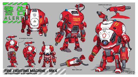 ArtStation - Fire-fighting machine - MK4, dongsheng li Sci Fi Firefighter, Sci Fi Building, Mech Design, Fan Drawing, Android Design, Emergency Equipment, Construction Machines, Robot Design, Superhero Art