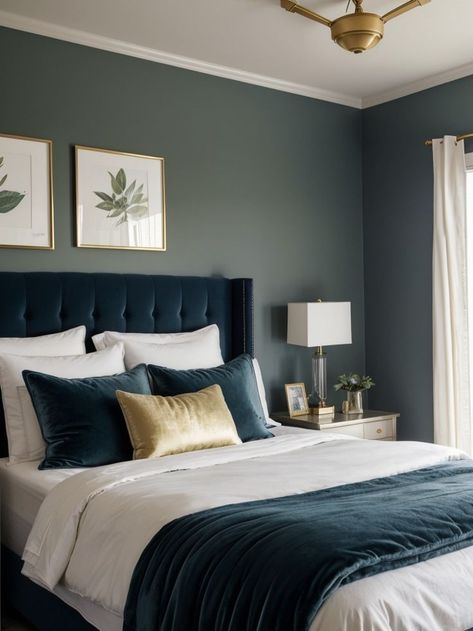 Teal And Gold Bedroom, Teal Bedroom Decor, Navy Bedrooms, Dark Blue Bedrooms, Navy Blue Bedrooms, Blue Bedroom Design, Gold Bedroom Decor, Teal Decor, Teal Bedroom