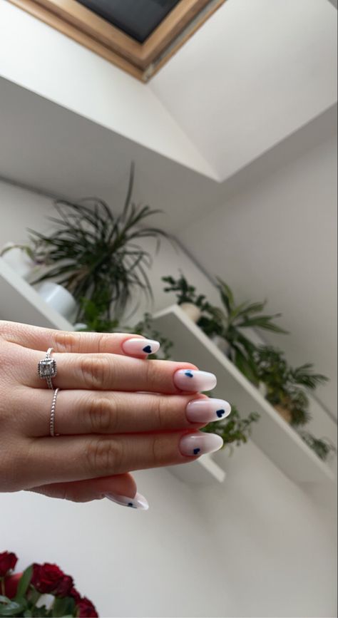 Navy Heart Nails, Navy Blue Heart Nails, Blue Hearts Nails, White And Navy Blue Nails, Navy And White Nails, Sailor Nails, Navy Nails, Navy Blue Nails, Milky Nails