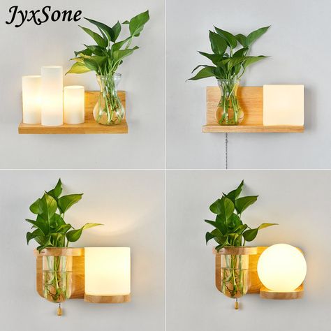 Wall Lamp New Simple And Creative Indoor Interior Wall Light Nordic Wood Art Decorative Living Room Corridor Aisle Balcony Plant - Wall Lamps - AliExpress Interior Simple, Interior Wall Lights, Bedside Wall Lamp, Floating Plants, Balcony Plants, Led Diy, Modern Sconces, Plant Shelves, Diy Plants