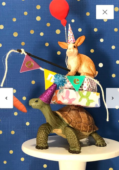 Birthday Animal Cake, Diy Mini Party Hats For Animals, Diy Party Hats For Toy Animals, Animal With Party Hat, Tortoise Cake, Animal Parade Birthday Party, Party Hats For Animal Figurines, Turtle Cake Topper, Dinosaur Wedding Cake