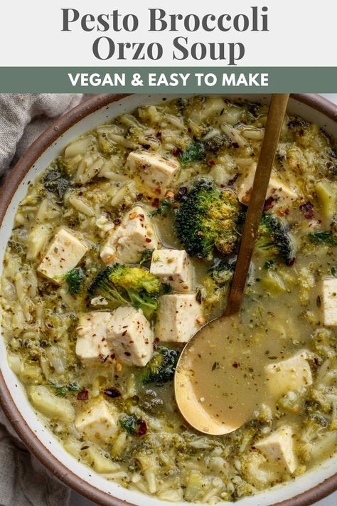 This pesto broccoli orzo soup is loaded with complex and umami-rich flavors using simple ingredients and cooking techniques to bring out all the flavor. Orzo Soup Vegan, Broccoli Orzo, Pesto Orzo, Pesto Soup, Bowls Recipes, Broccoli Pesto, 30 Minute Meals Easy, Healthy Bowls Recipes, Orzo Soup