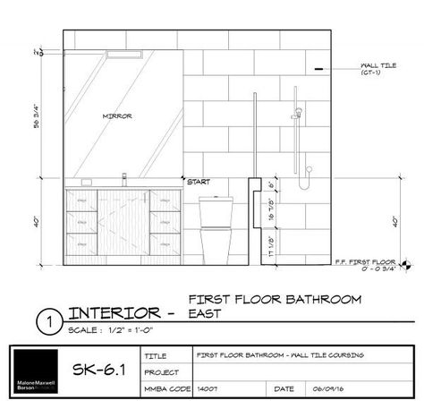 Cabin Wall Tile Coursing East Elevation Interior Design Layout, Elevation Plan, Elevation Drawing, Tile Layout, Bathroom Floor Plans, Rest Room, Interior Architecture Drawing, Drawing Interior, Interior Design Drawings