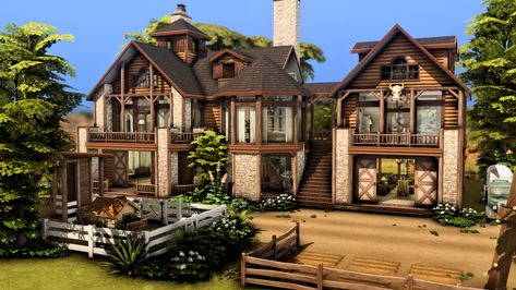 Sims 4 Rustic Farmhouse, Large Sims 4 House, Sims4 Ranch House, Sims 4 Ranch Style House Layout, Sims 4 Lodge, Sims Homestead, Sims 4 Large Cottage, Sims 4 Modern Ranch, Sims 4 Barn House