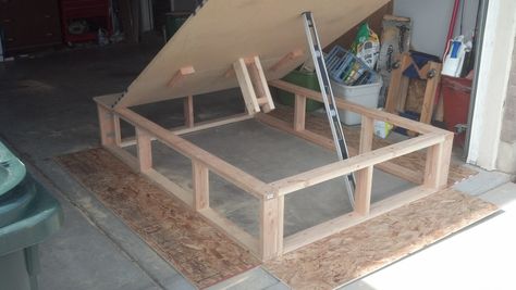 DIY Lift Storage Bed | the last major cuts that you need to make are the side boards to cover ... Small Home Storage, Bed Lift, Lift Storage Bed, Diy Storage Bed, Bed Lifts, Aesthetic Bed, Storage Beds, Closet Aesthetic, Diy Bed Frame