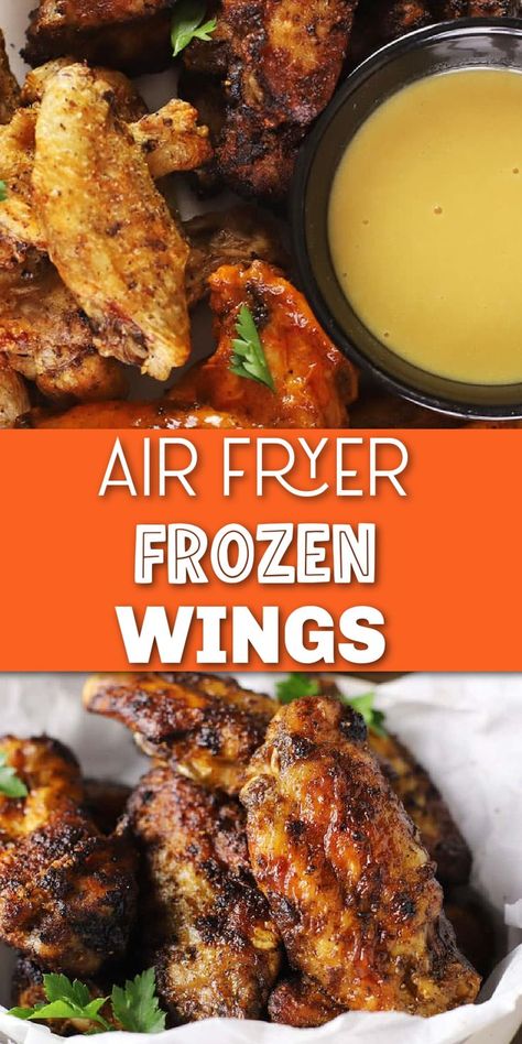 Baked chicken wings with Pinterest overlay. Air Fryer Frozen Wings, Air Fryer Chicken Wings Frozen, Chicken Wings In Air Fryer, Wings In Air Fryer, Breaded Wings, Wings In The Air Fryer, Breaded Chicken Wings, Air Fryer Recipes Chicken Wings, Oven Chicken Wings