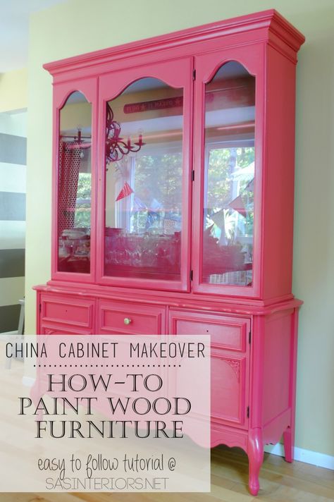 Pink China Cabinet, Whelping Room, Large China Cabinet, Paint Wood Furniture, China Cabinet Makeover, Pink China, Pink Furniture, Painting Wood Furniture, Painting Wood