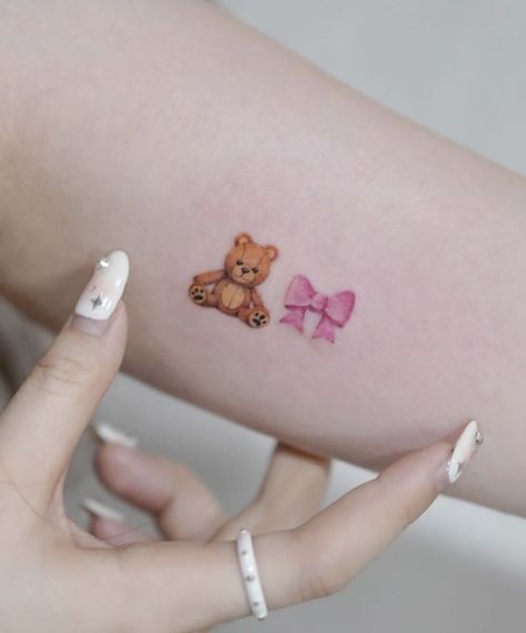 Pink Tattoo, Cute Tats, Ribbon Tattoos, Bear Tattoos, Cute Little Tattoos, Girly Tattoos, Dainty Tattoos, Dream Tattoos, Little Tattoos