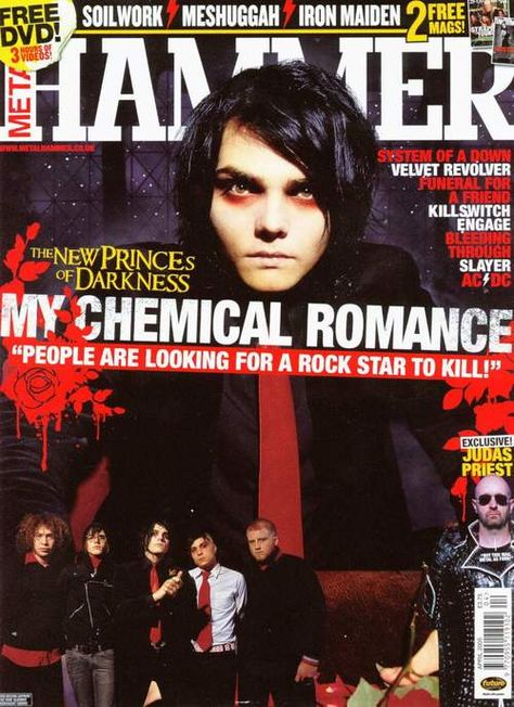 My Chemical Romance on the cover of Hammer magazine Mcr Magazine Cover, Gerard Way Magazine, Mcr Magazine, Mcr Poster, Revenge Pictures, My Chemical Romance Poster, 2000s Magazines, Killswitch Engage, I Love Mcr