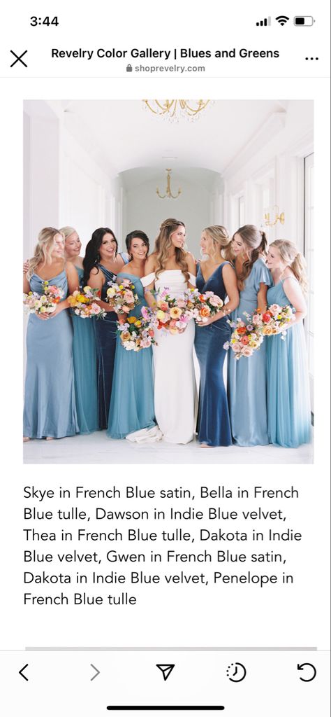 Mixed Bridesmaid Dresses, Mismatched Bridesmaid Dresses Blue, Slate Blue Wedding, Mix Match Bridesmaids, Bridesmaid Colors, Mismatched Bridesmaid Dresses, Blue Themed Wedding, Bright Wedding, Bridesmaid Dress Colors