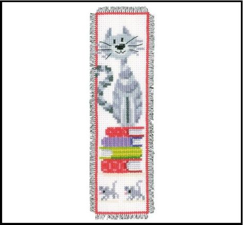 "Cat on Book Pile" counted cross-stitch bookmark kit by Vervaco (#0143914). Cross Stitch Bookmark, Stitch Bookmark, Needlecraft Kits, Yarn Organization, Crazy Quilting, Cross Stitch Supplies, Cross Stitch Bookmarks, Cat Cross Stitch, Creation Couture